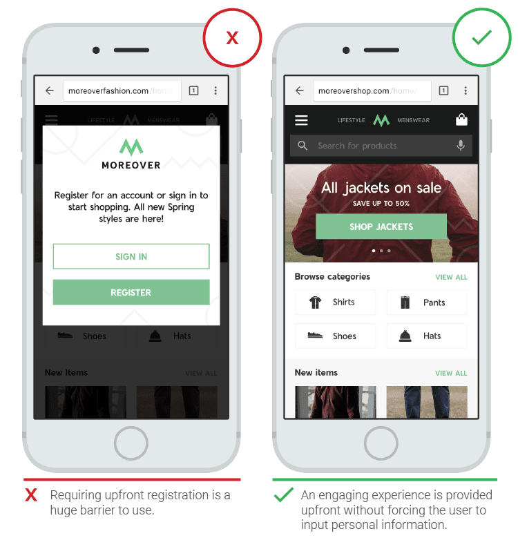 Bad and good examples of registration in a shopping app