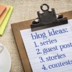Blogging ideas list (series, guest post, stories, contests) on a clipboard with a cup of espresso coffee