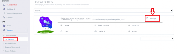 List Website and manage option on CyberPanel