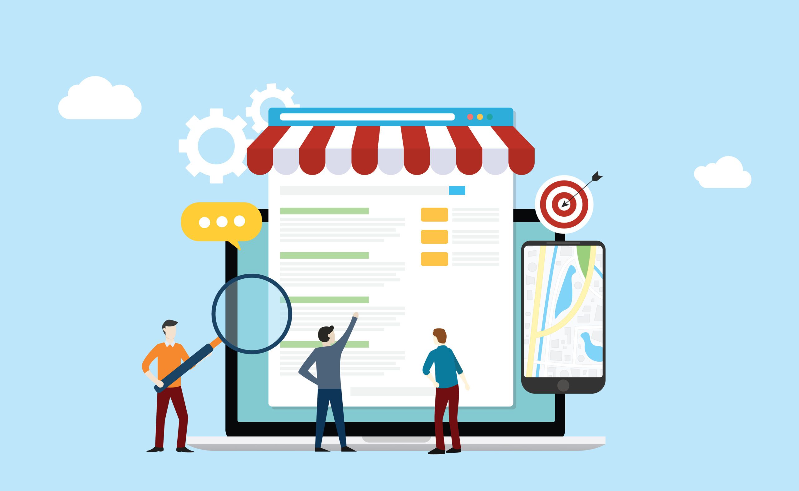 local seo market strategy business search engine optimization with team people working together on front of store and maps online - vector illustration
