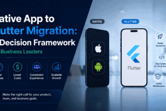 Native app to Flutter migration decision framework showing iOS, Android, and Flutter app modernization benefits.