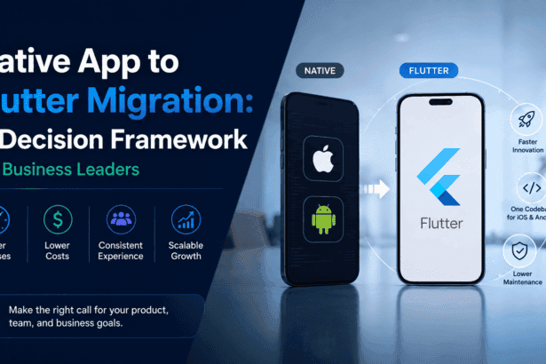 Native app to Flutter migration decision framework showing iOS, Android, and Flutter app modernization benefits.