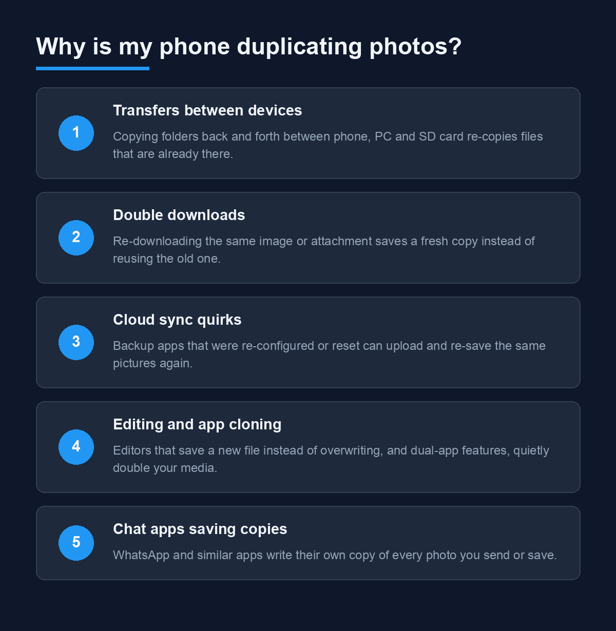 Five common reasons a phone duplicates photos, from double downloads to chat-app copies